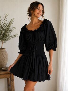 ✨🖤 Carapace Black Corset Waist Puff Sleeve Mini Dress NWT‎ Size S🖤✨
